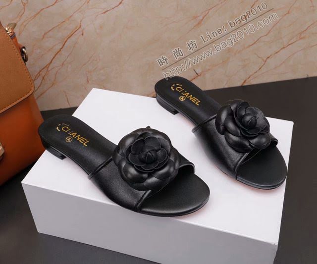 Chanel女鞋 香奈兒2020新款 山茶花平底拖鞋 黑花黑色  naq1114
